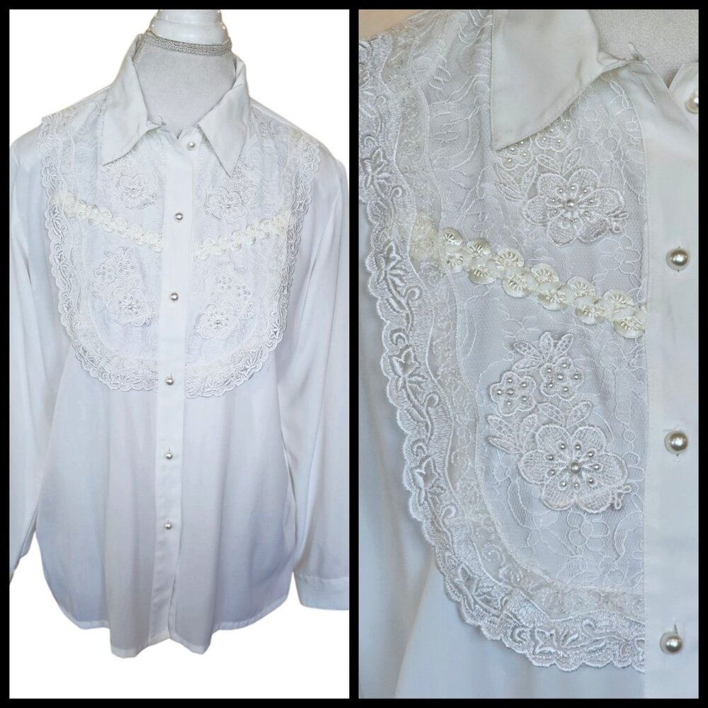 Vintage Womens Ivory White Blouse Button Up Crochet Lace Floral Sz L Cottagecore